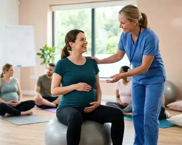 Pregnant woman seated on exercise ball with instructor in blue scrubs in a bright studio