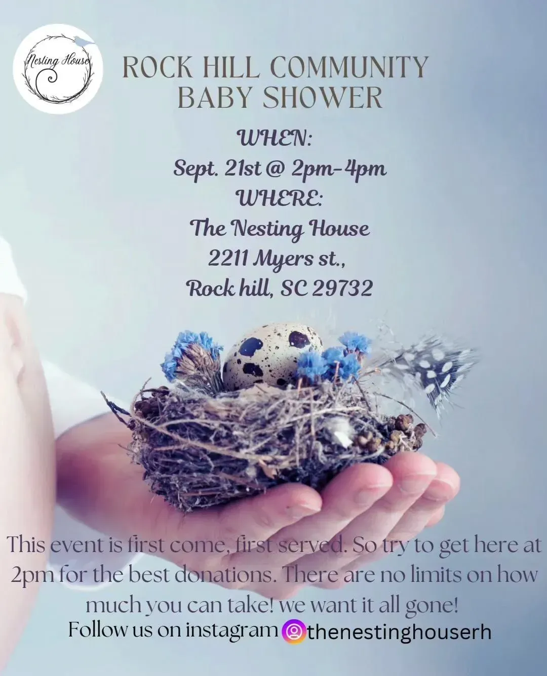 Rock Hill community baby shower flyer with blue floral nest and event details on a white background