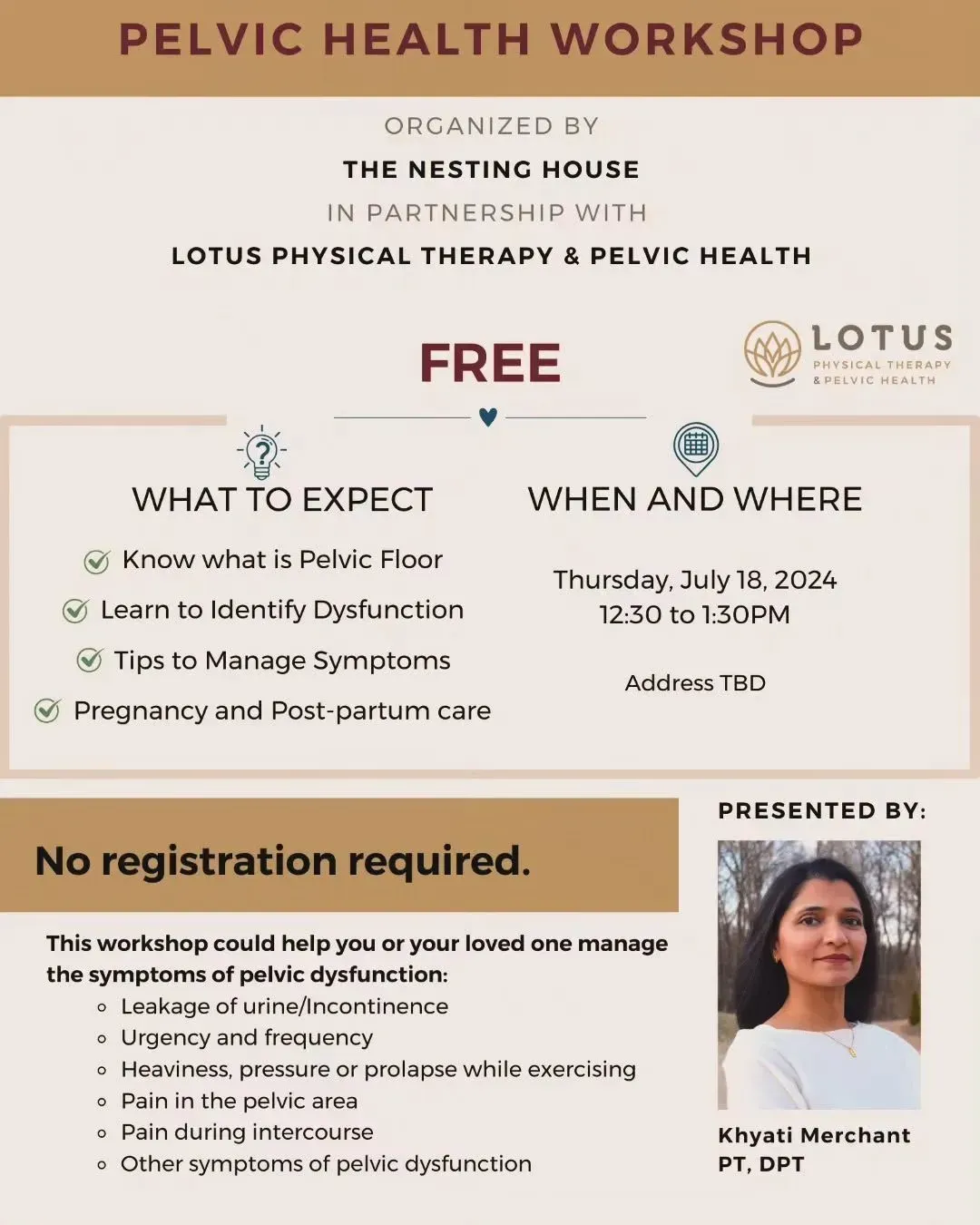 Pelvic health workshop flyer with event details, “Free” label, and speaker photo on beige background