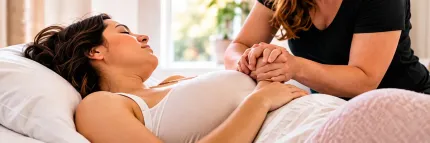 Pregnant woman lying on a bed while another person gently holds her hands in a bright room