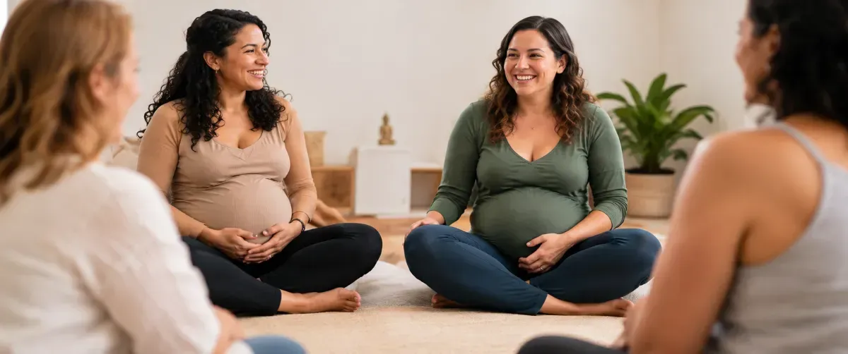 Three pregnant people sit in a circle during a prenatal group discussion in a bright room.