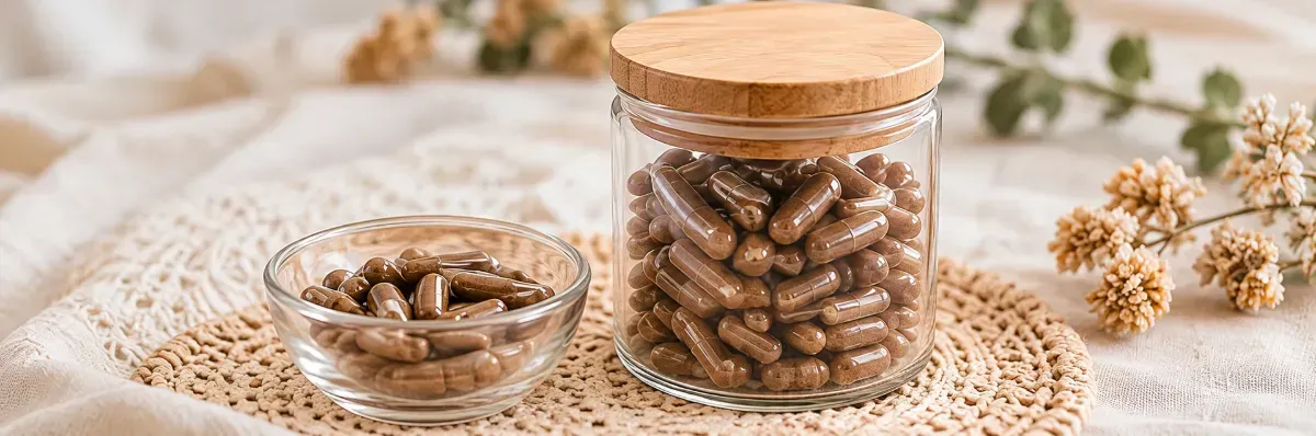 Glass jar of dried beans with wooden lid beside a small bowl on a woven placemat
