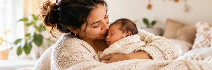 A woman cuddles and kisses a sleeping baby on a bed in a cozy, sunlit room.