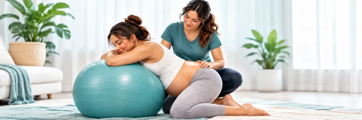 Woman and child on a teal exercise ball in a bright living room, with another woman nearby