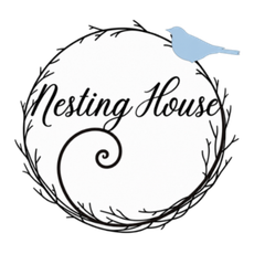 Logo with black twig wreath and script text &ldquo;Nesting House,&rdquo; topped by a small blue bird