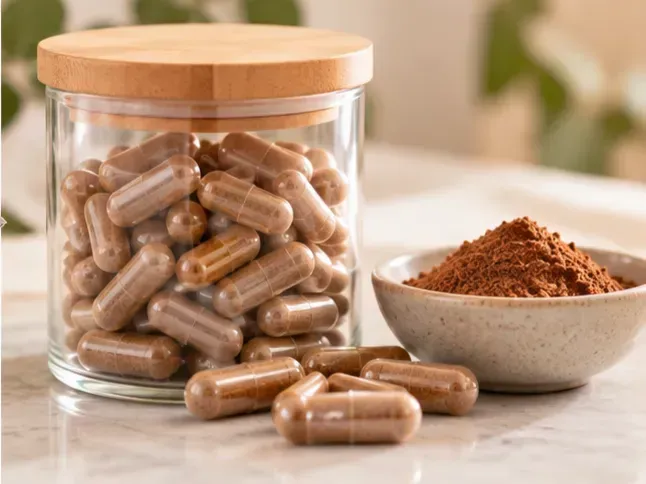 Glass jar of capsules beside a bowl of brown powder on a table