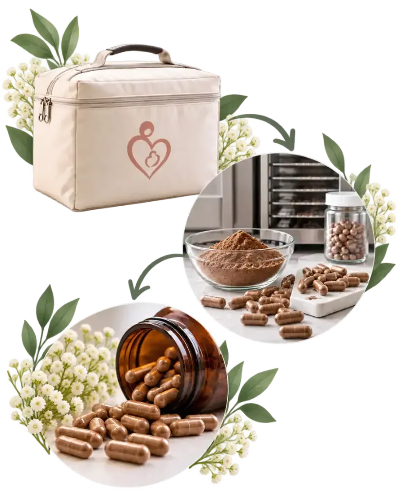 Cream insulated bag with heart logo and coffee beans in jars, spill, and pods on a white background