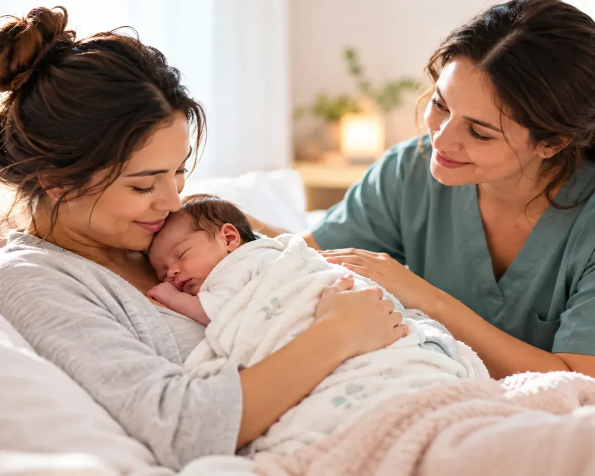 Two women smiling and cuddling a sleeping newborn under a white blanket on a bed