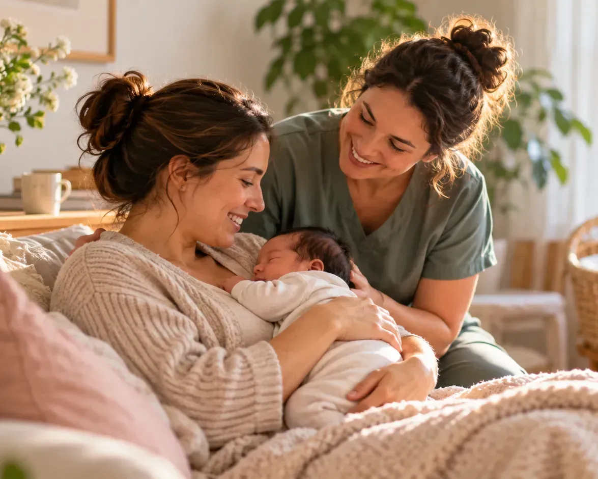 Two adults smiling with a newborn on a couch in a cozy living room