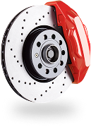 Red brake caliper on a silver perforated car brake disc isolated on white background | 4G Automotive and Transmission