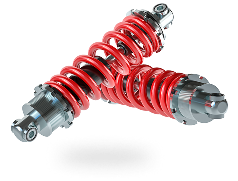 Two red coilover shocks with silver mounting ends, crossed on a white background | 4G Automotive and Transmission