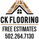 Logo for CK Flooring with a house roof and phone number.