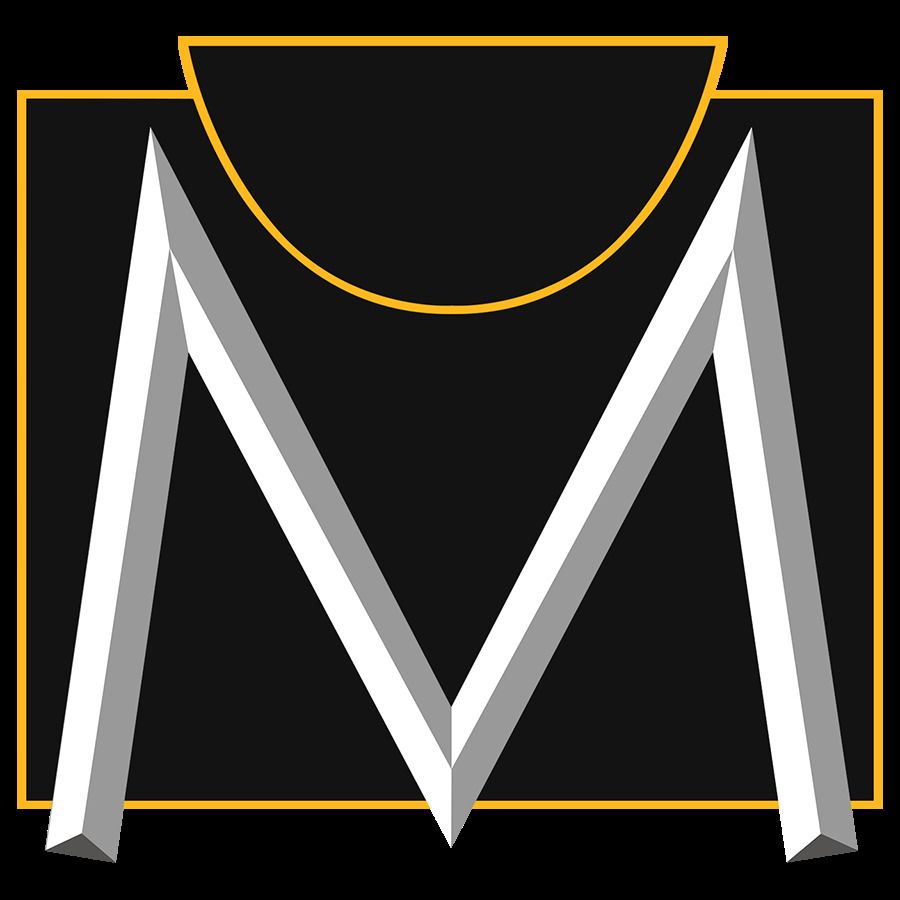 The letter m is on a black background with a yellow border.