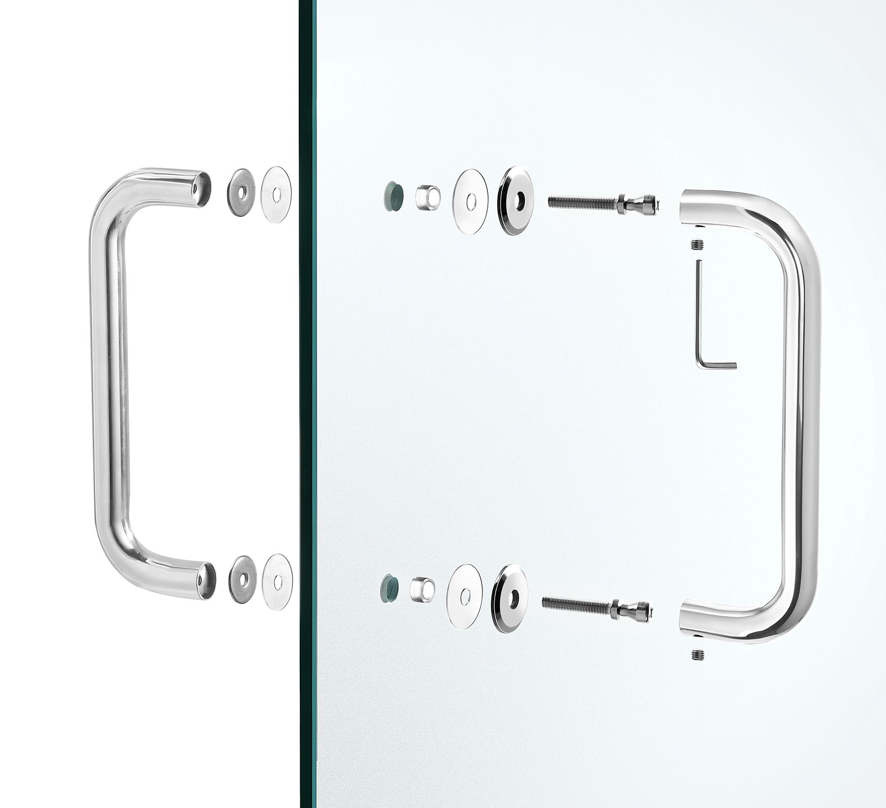 Exploded view of shower door handle with mounting hardware