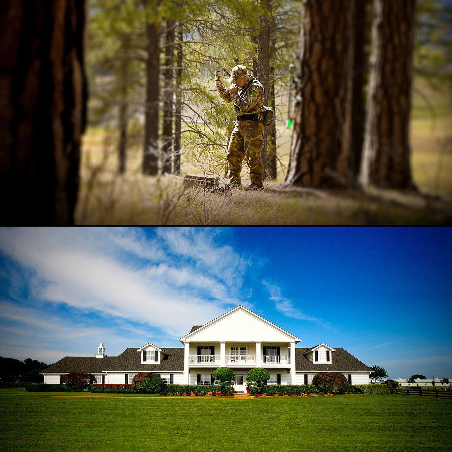 Top: Hunter in camouflage in a forest. Bottom: White mansion with a green lawn under a blue sky.
