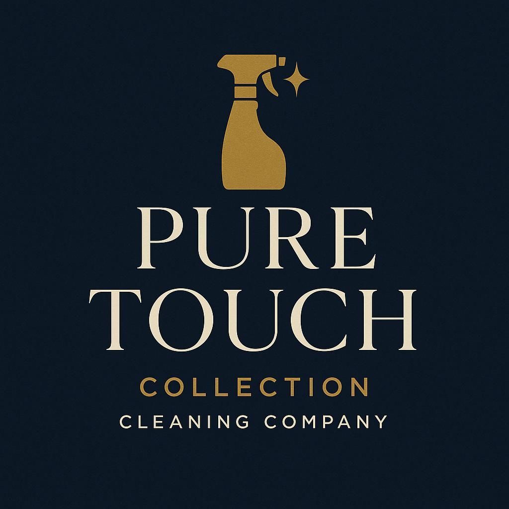 Logo for Pure Touch Collection Cleaning Company featuring a gold spray bottle icon above gold text on a dark blue background.