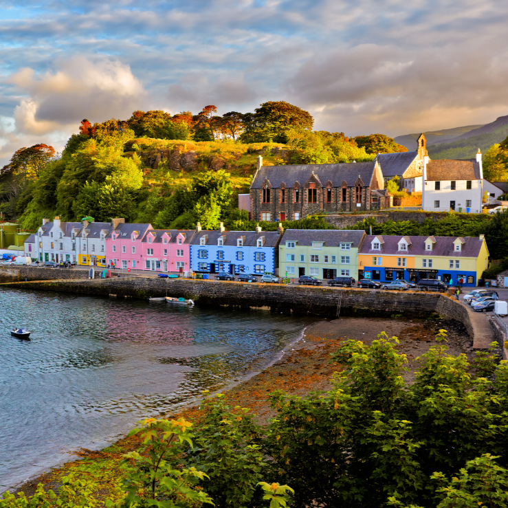 Portree, Isle of skye. A coastal view with bright colourful houses in centre frame.