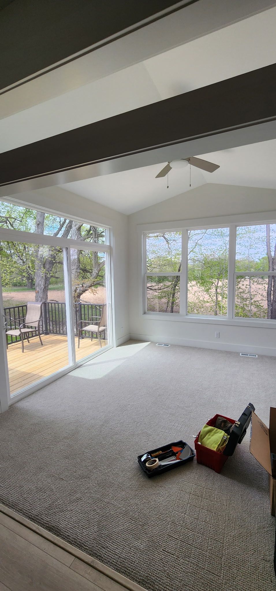 Bright open living room with floor-to-ceiling windows, white walls, and a carpeted floor; toys lie near the foreground.