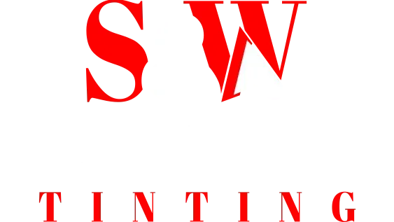 Red SW logo above the word “TINTING” in red serif letters on a white background
