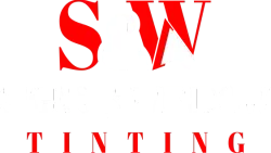 Red SW logo above the word “TINTING” in red serif letters on a white background