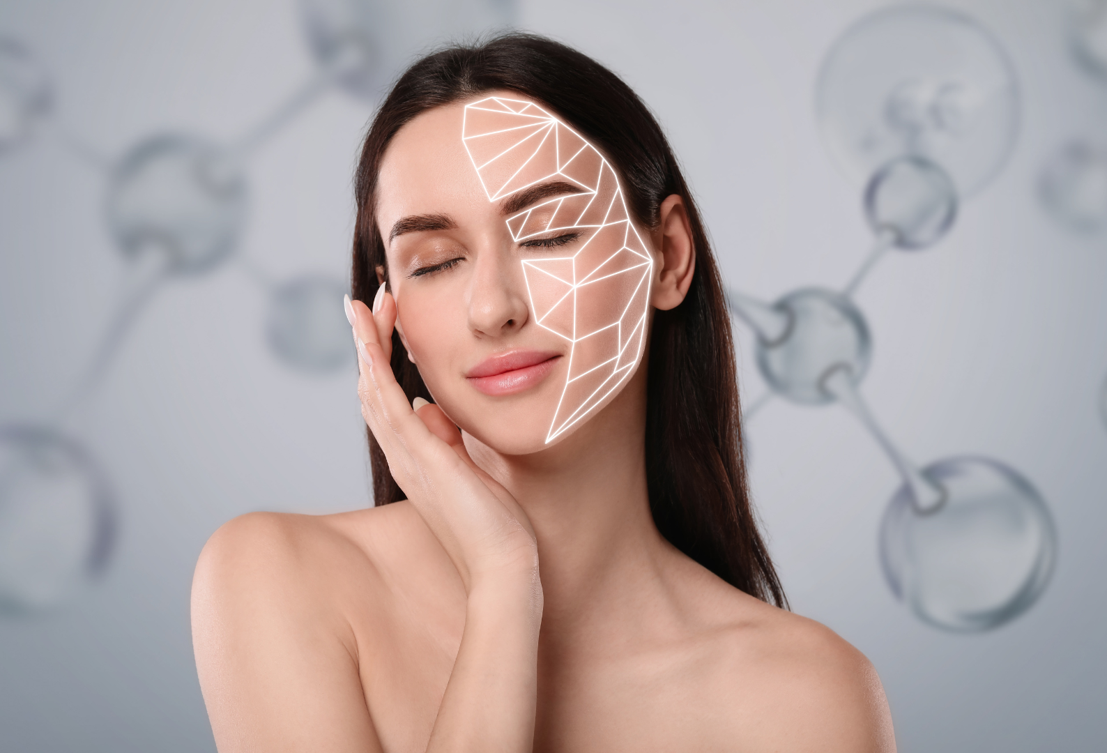 Woman with eyes closed, hand on face, partial facial diagram overlay.