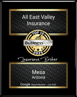 All East Valley Insurance Business Rate Top 10 2025 award with Mesa, Arizona text on black and gold plaque