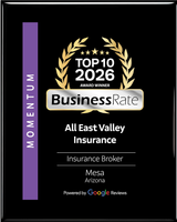 BusinessRate Top 10 2026 award plaque for All East Valley Insurance, Mesa, Arizona