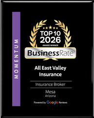BusinessRate Top 10 2026 award plaque for All East Valley Insurance, Mesa, Arizona