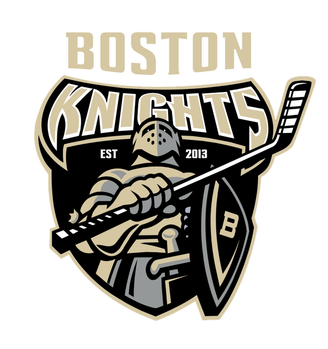 Logo for the Boston Knights featuring a knight in armor holding a hockey stick and a shield, in black, white, and tan.