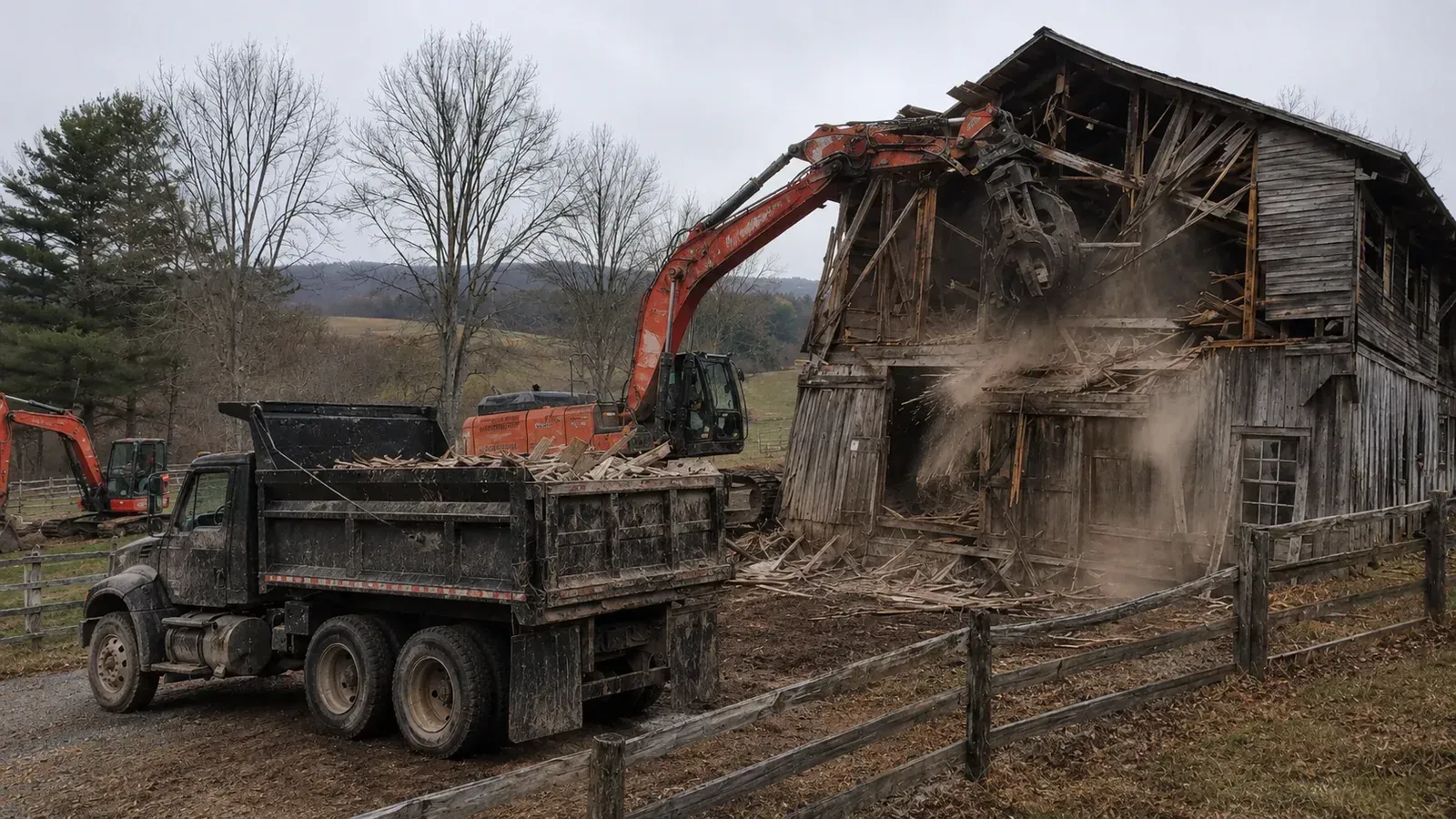 Excavator with demolition grapple tearing down an old wooden barn, with a debris-filled dump truck parked nearby