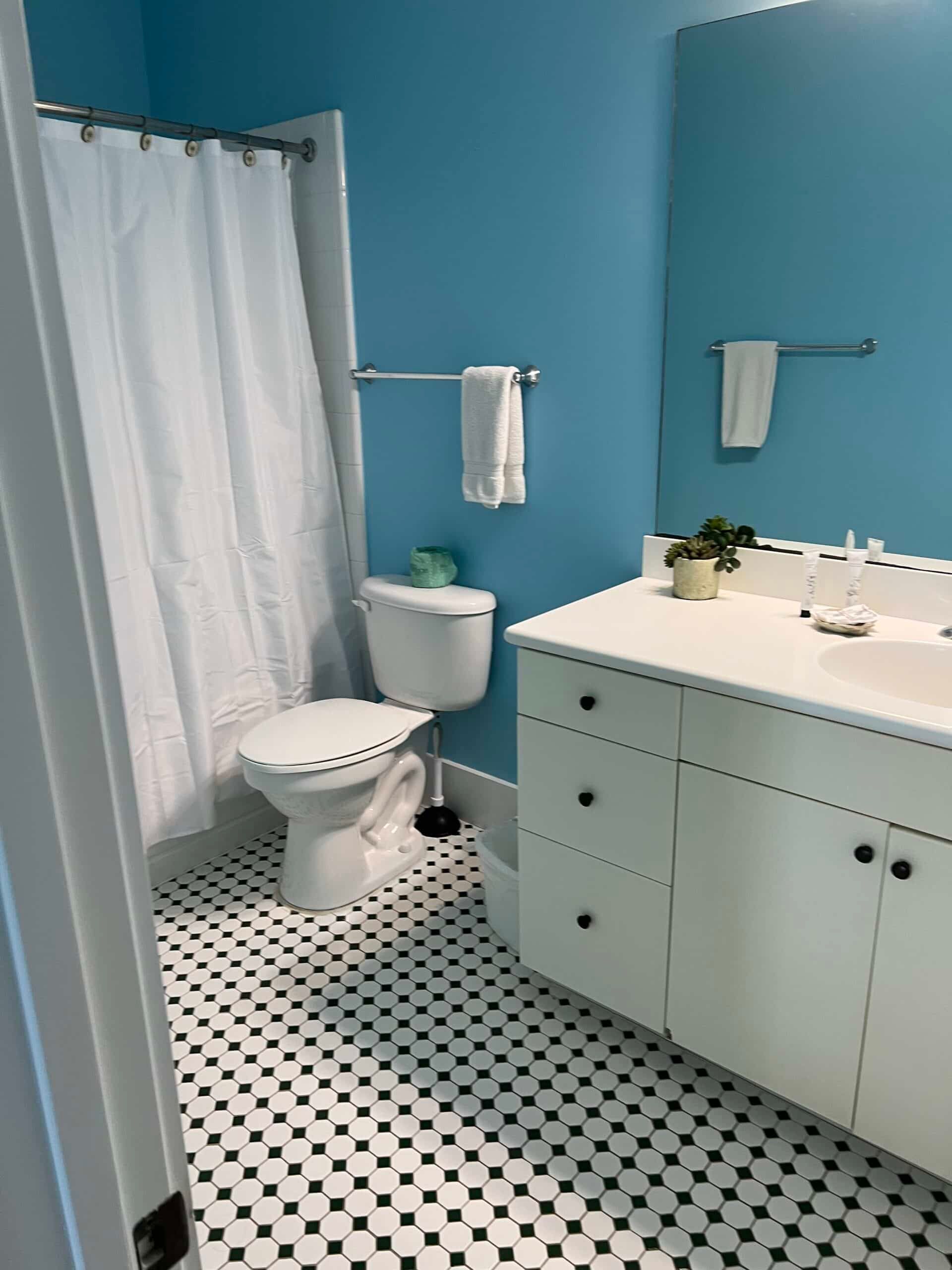 A bathroom with a toilet , sink , shower and blue walls.