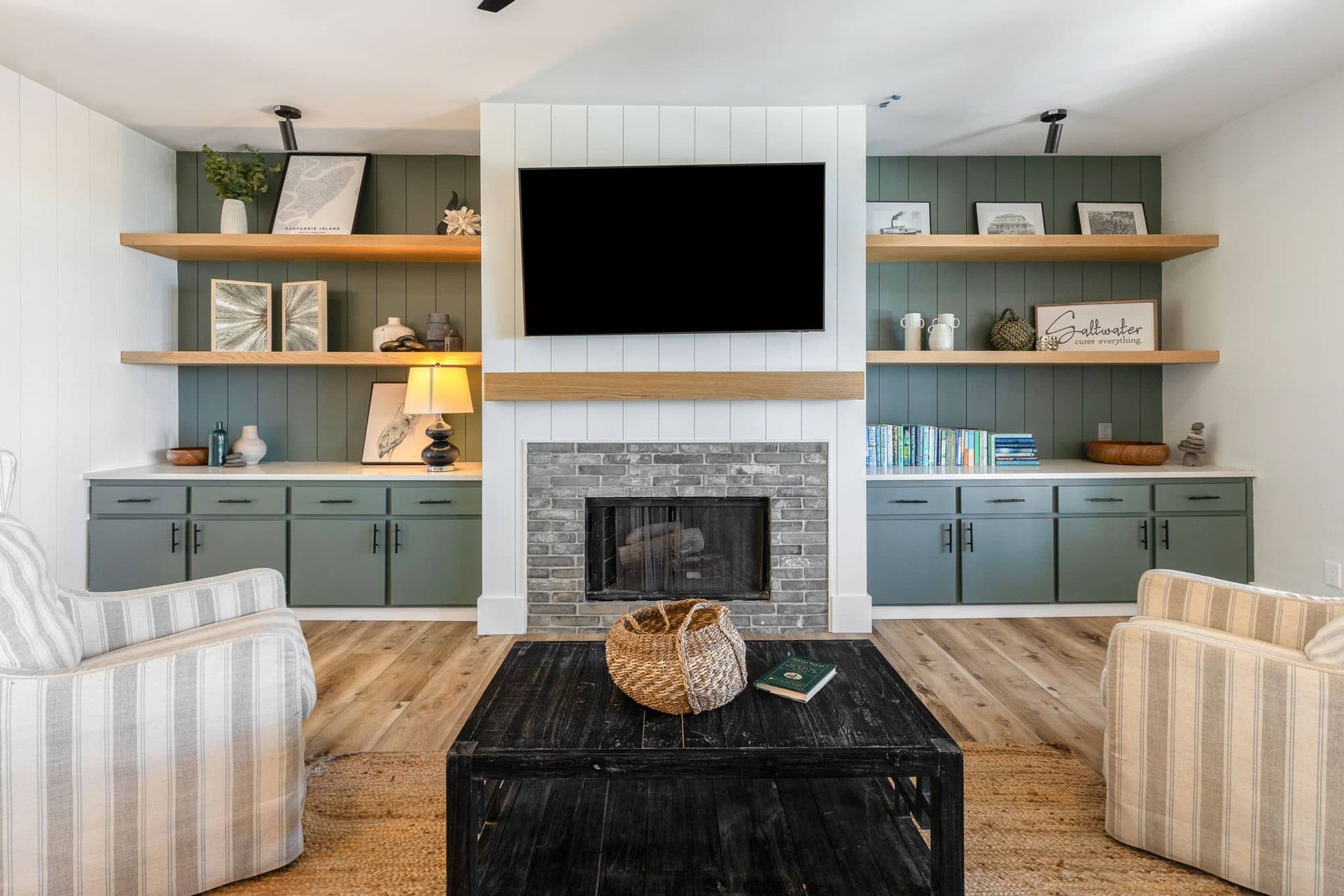 A living room with a fireplace and a flat screen tv.