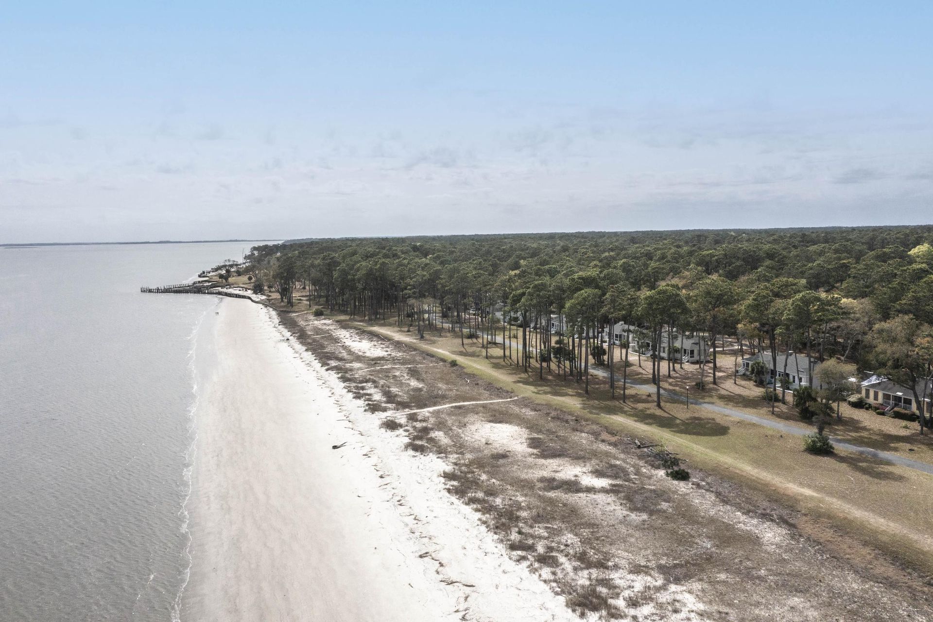 An aerial view of a beach surrounded by trees and a body of water.