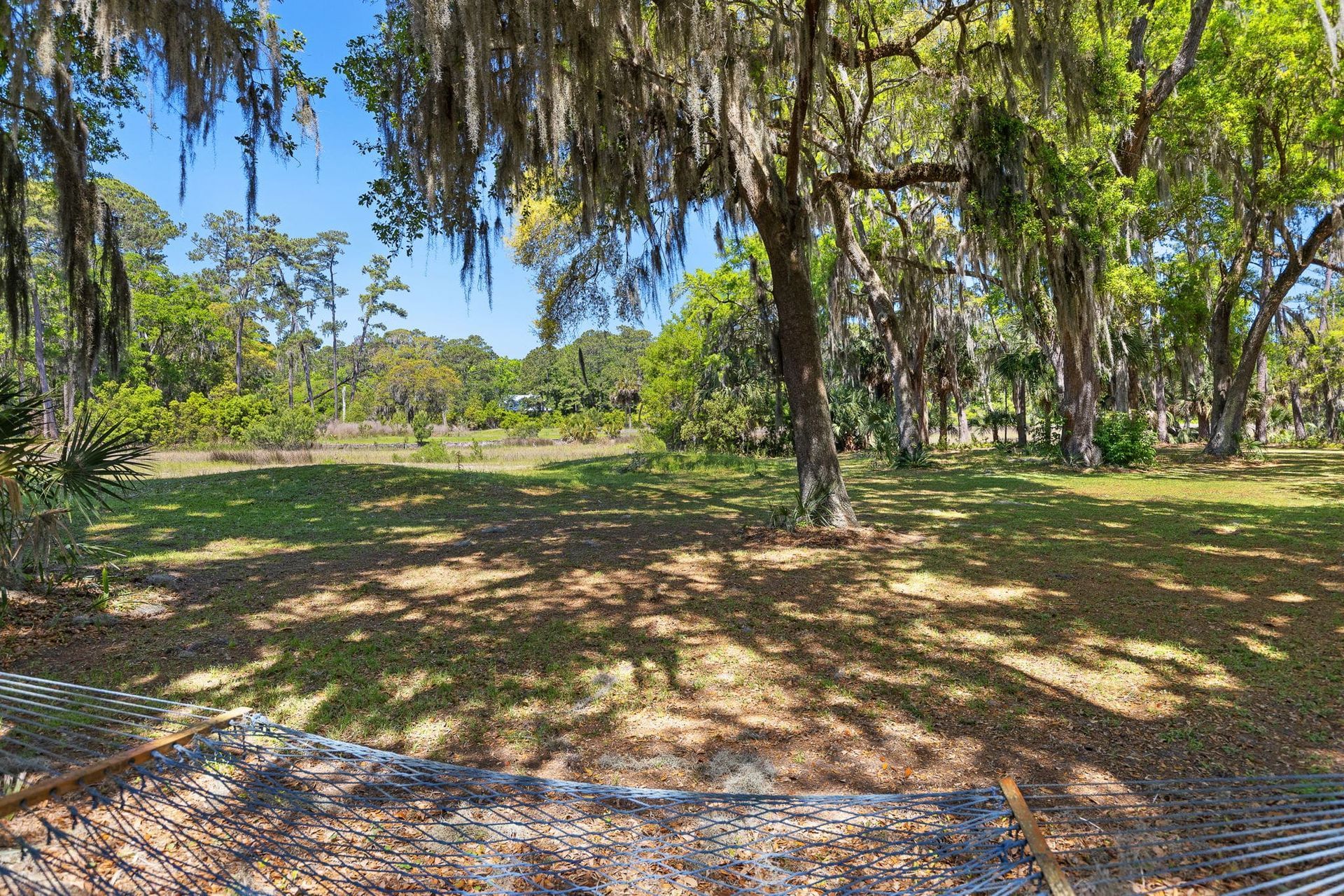 A hammock is sitting in the middle of a field surrounded by trees.
