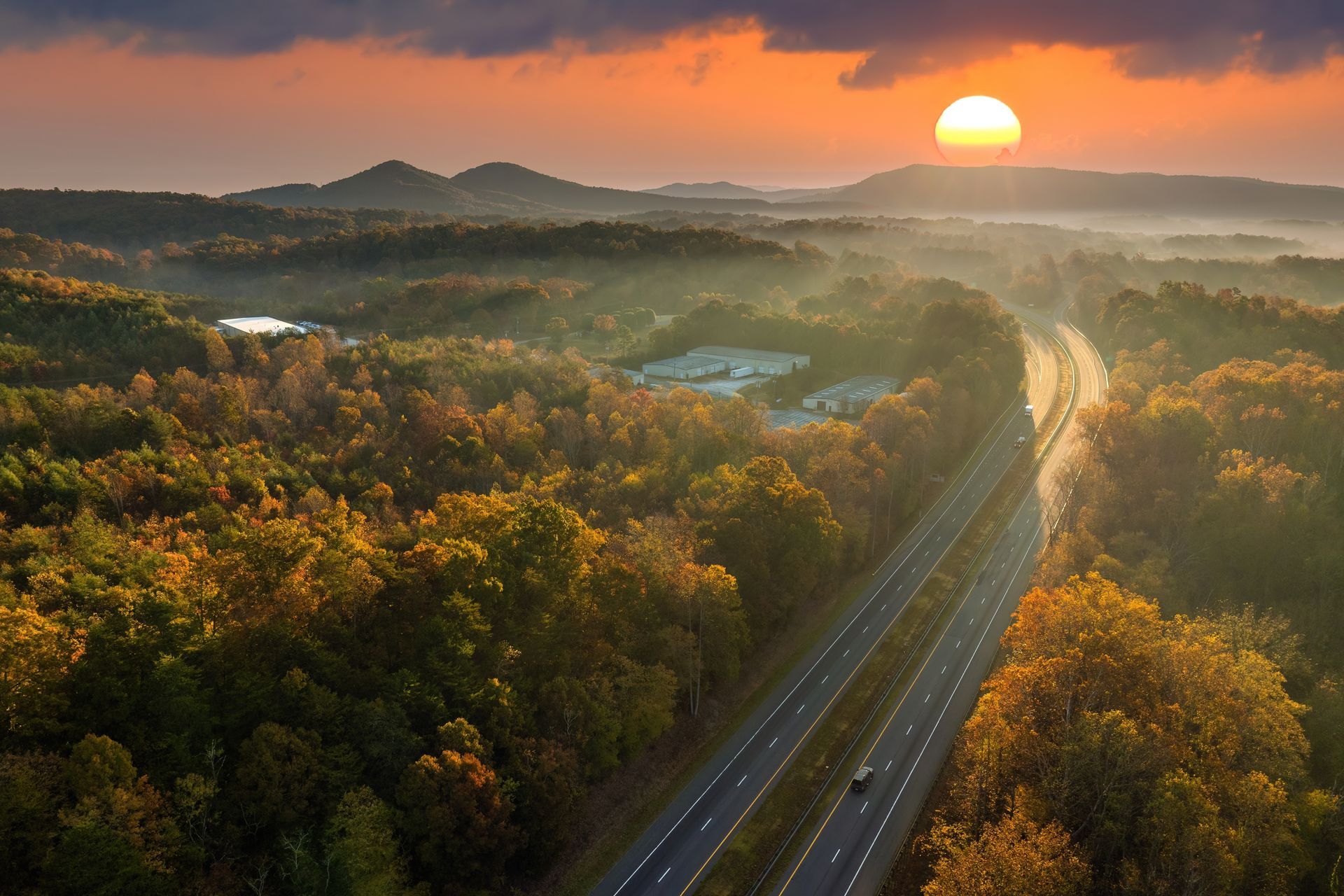 The highway with a truck driving after an airline repair