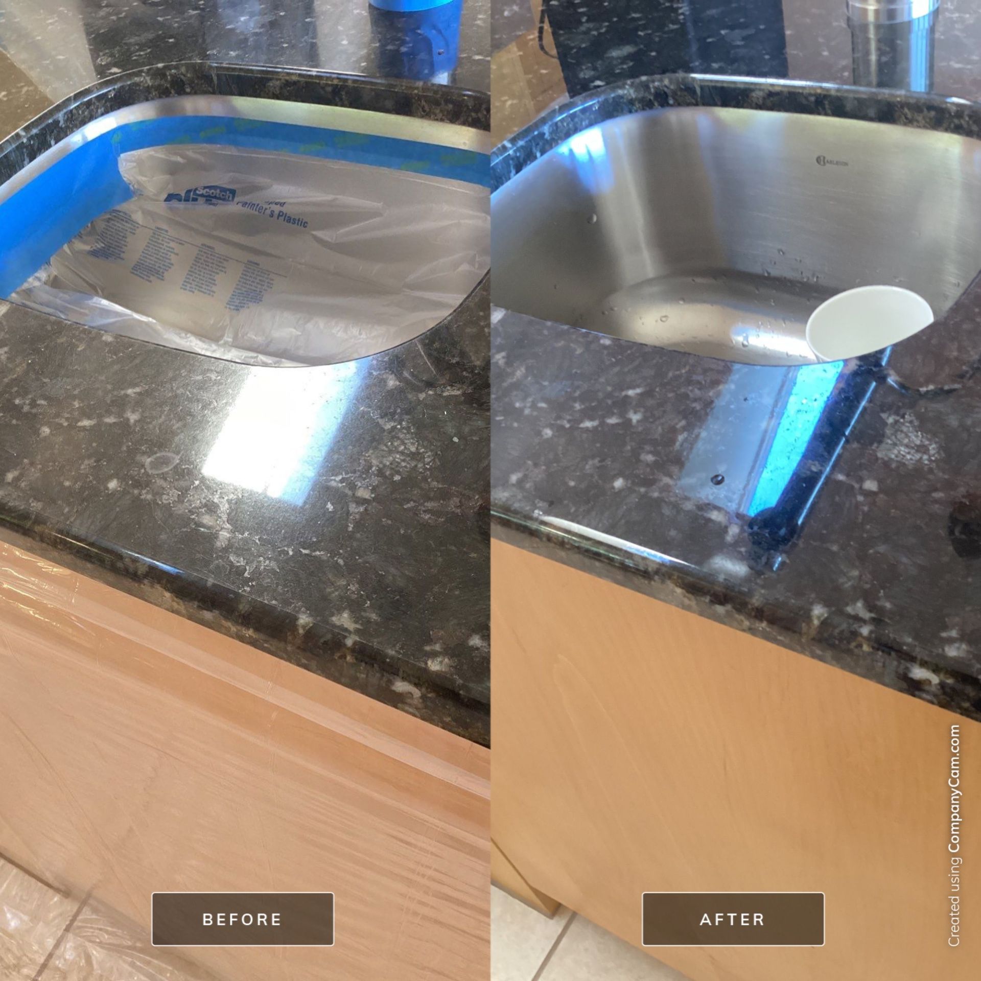 Before and after pictures of a dark colored granite countertop after Clear Shine has restored it