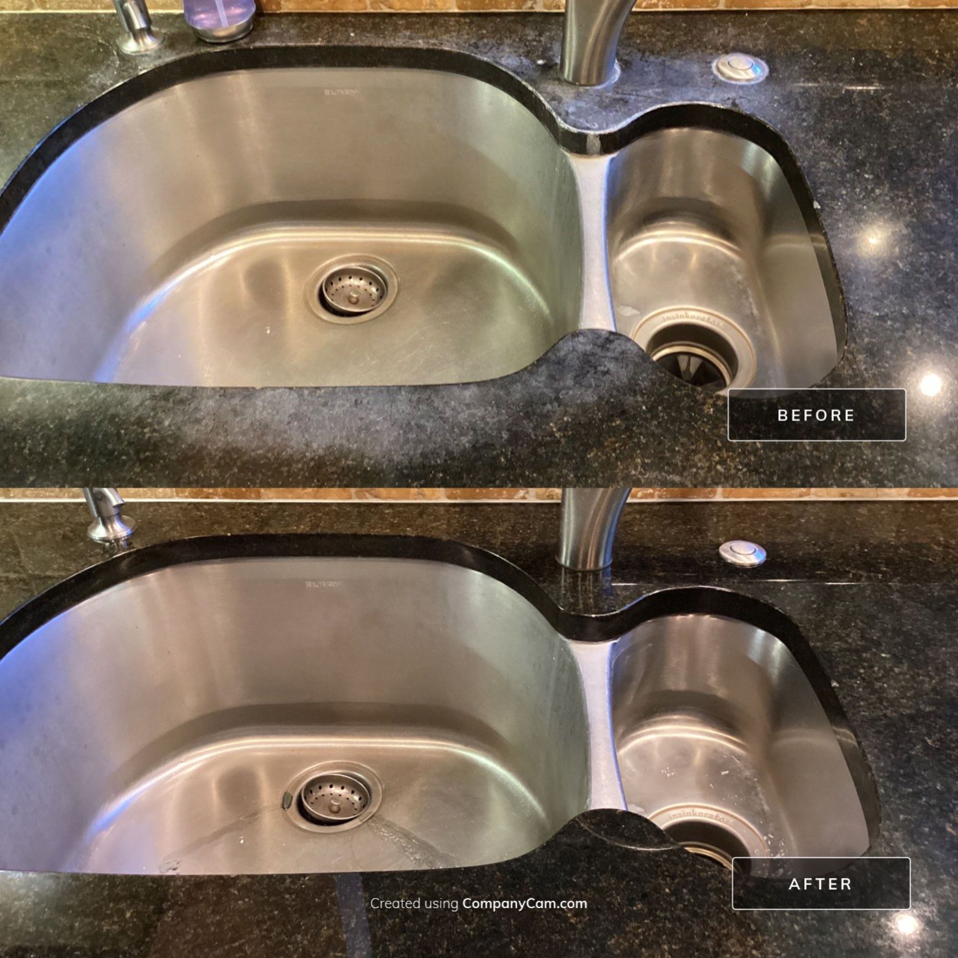 Before and after pictures of a dark granite countertop