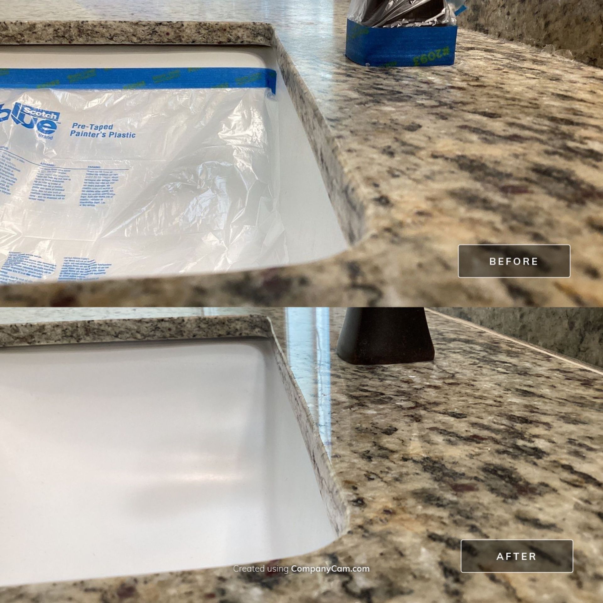 Before and after pictures of a granite countertop near the sink