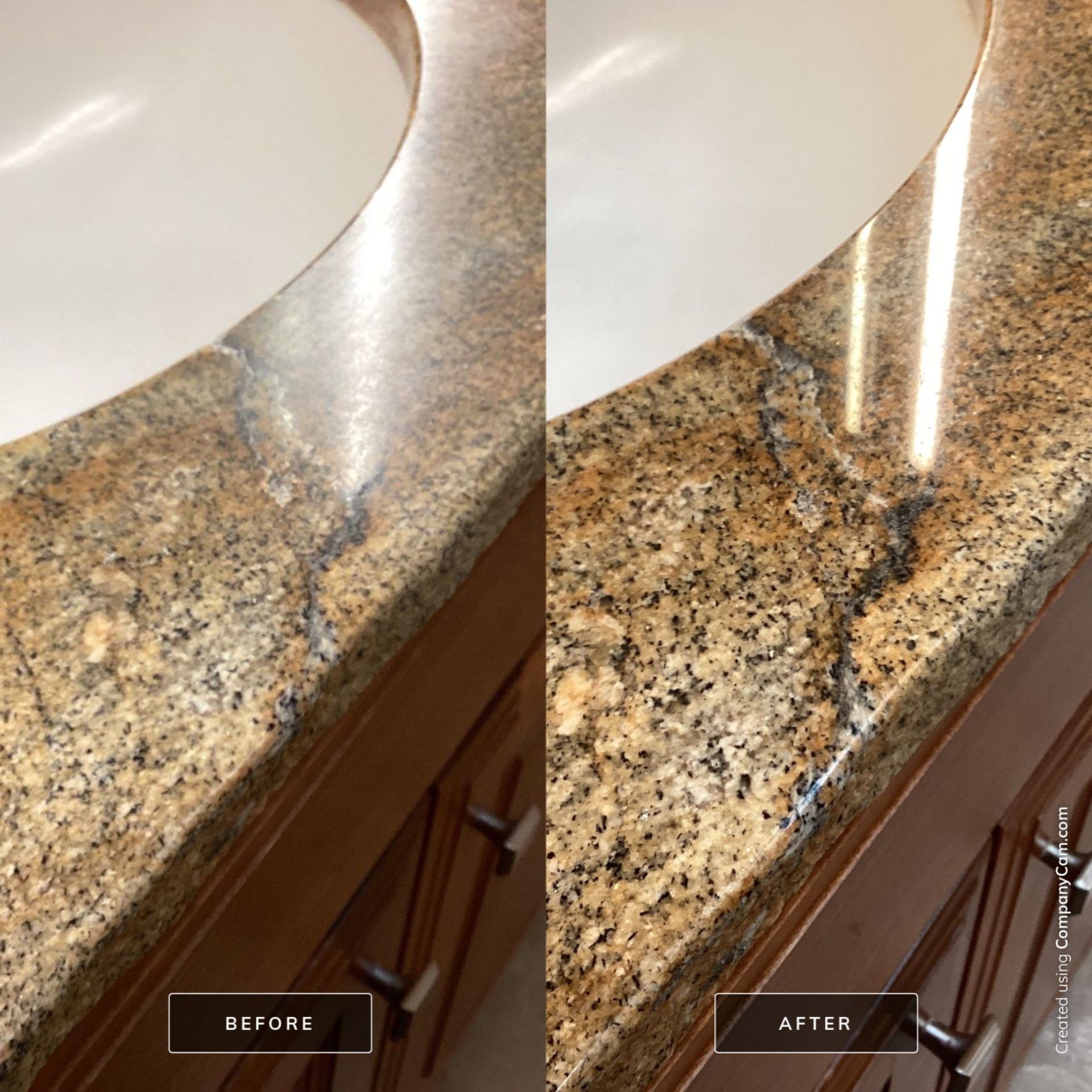 A before picture of a cracked granite countertop, and an after picture once Clear Shine repaired the crack