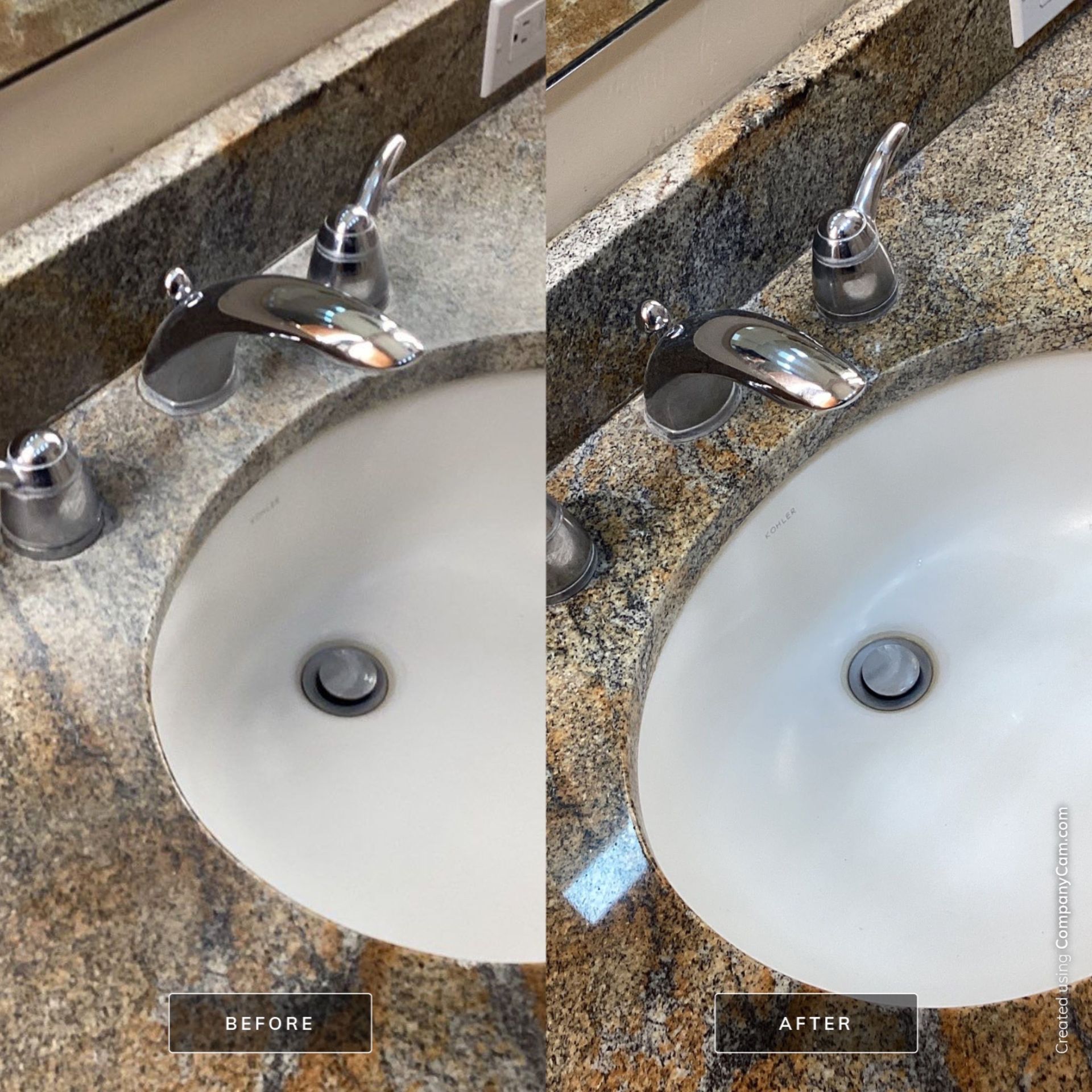 Before and after pictures of a bathroom granite counter