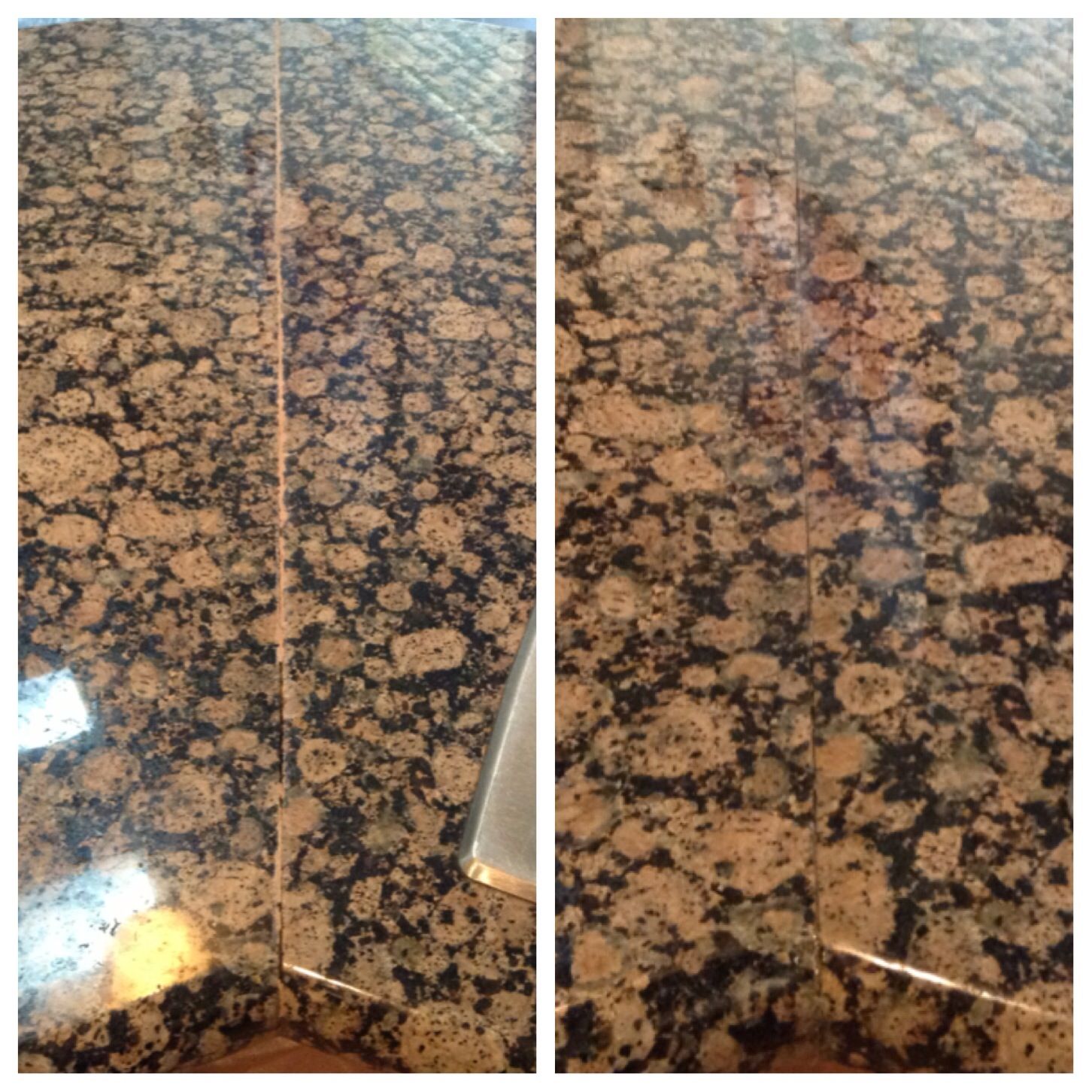 Before and after a polished brown granite countertop with a repaired seam