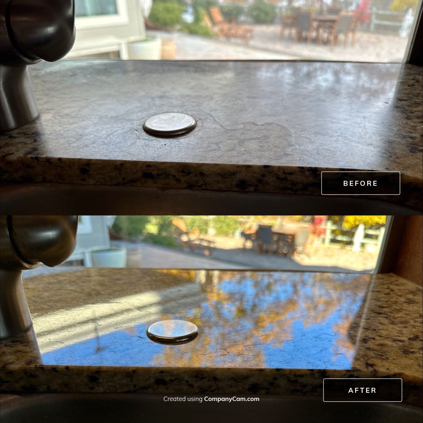 Before and after pictures of a granite countertop after Clear Shine has restored it