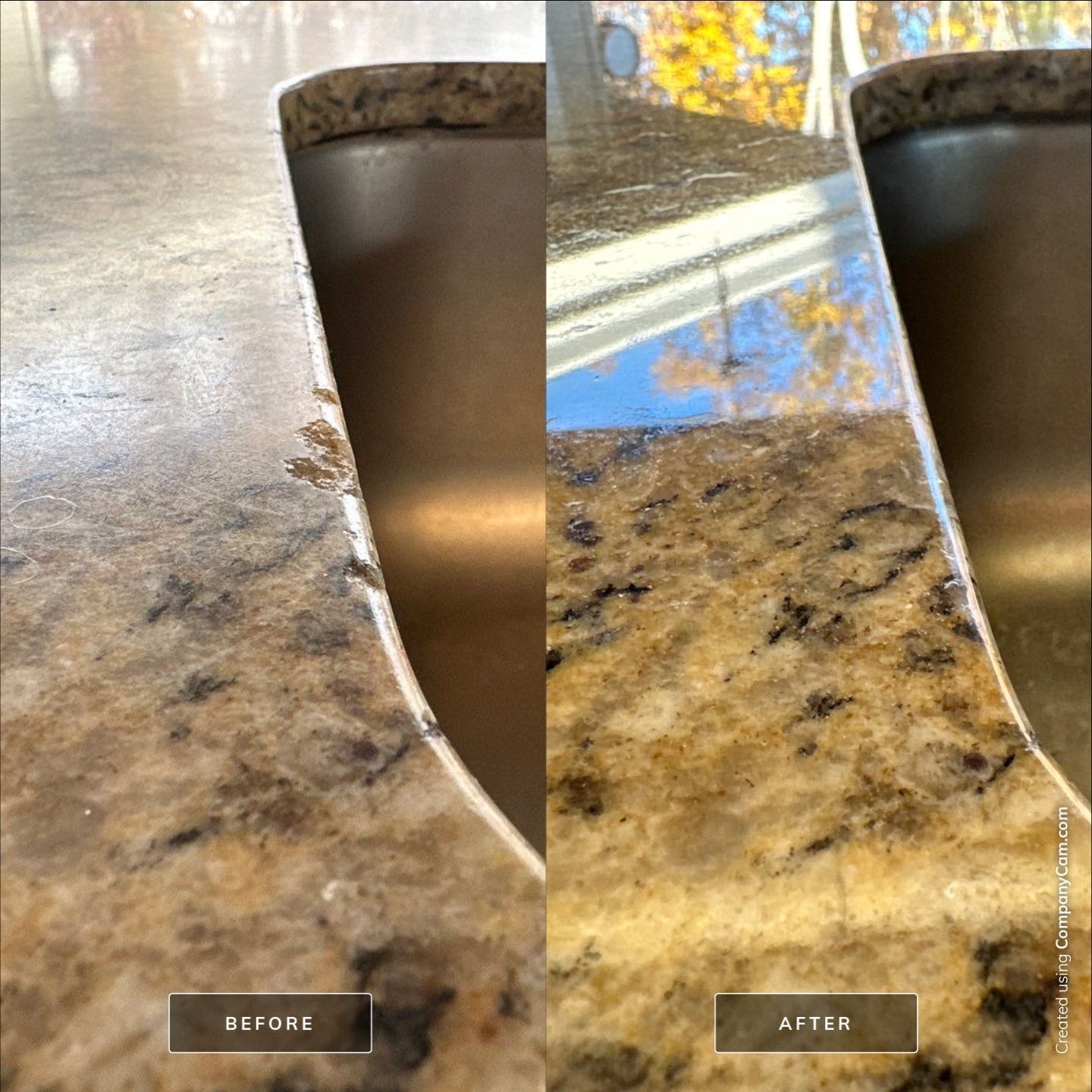 A granite countertop with multiple chips near the sink and a second picture after it has been restored