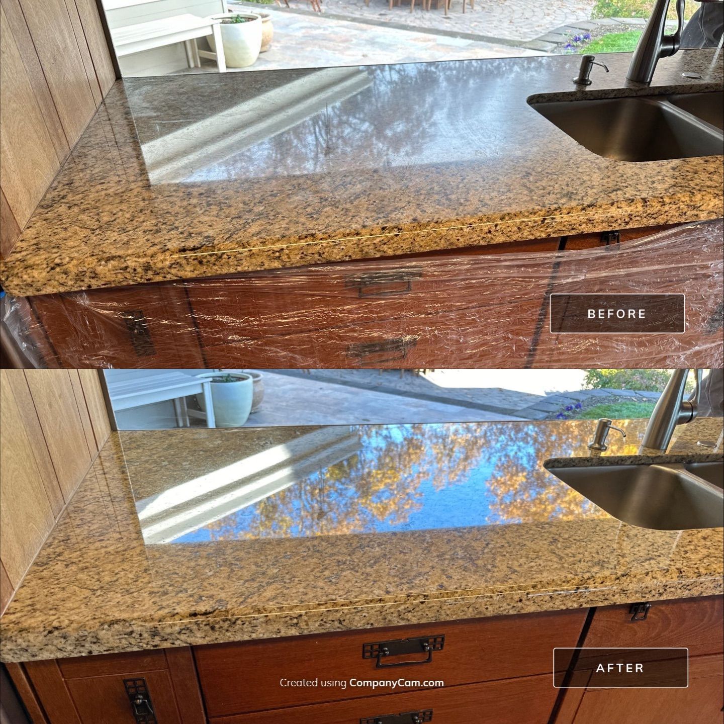 Before and after pictures of a tan and brown colored granite countertop that has been restored