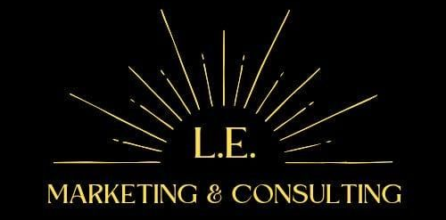 Gold logo with "L.E." above "MARKETING & CONSULTING" and sunburst design on black background.