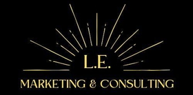 Gold logo with "L.E." above "MARKETING & CONSULTING" and sunburst design on black background.