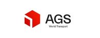 Um logotipo para ags world transport com um cubo vermelho em um fundo branco.