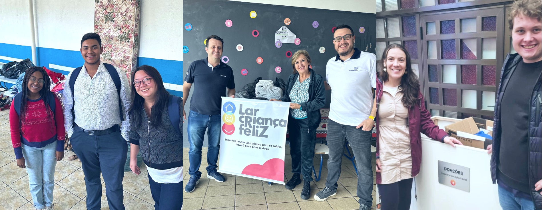 Um grupo de pessoas em pé na frente de uma placa que diz lar