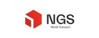 Um logotipo para a ngs world transport com um cubo vermelho no meio.