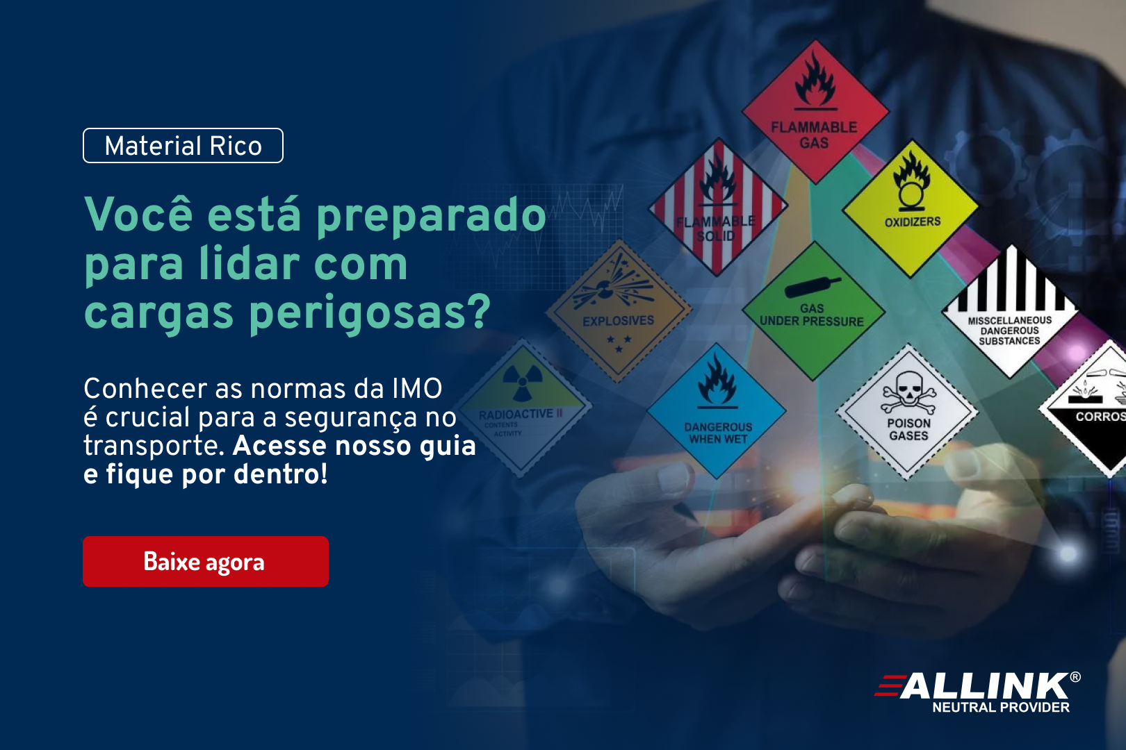 Um homem segura um celular nas mãos, cercado por placas de alerta.